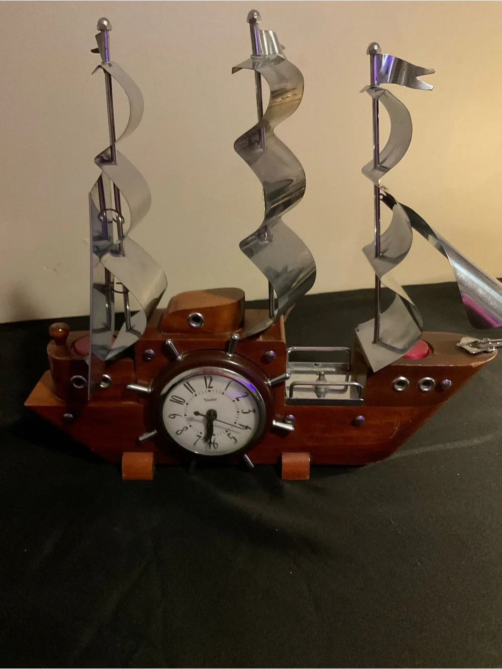 Wooden Ship Clock Wall Decor in Brown and Silver